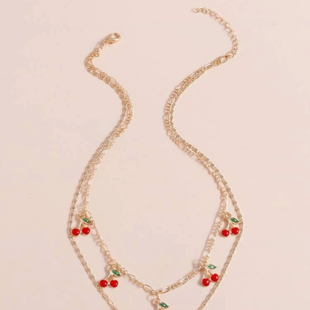 🍒 Lovely Double Layered Cherry Fruit Glitter Heart Necklace ❤️ - Picture 3 of 5